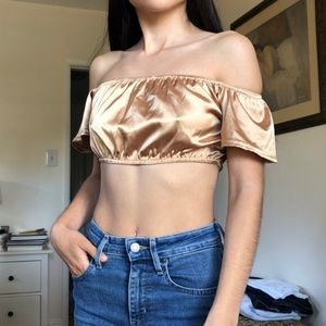 NWT champagne satin off the shoulder crop top